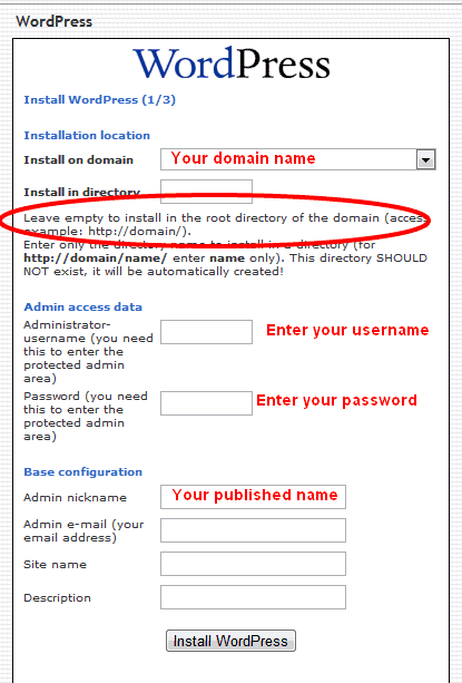 Wordpress install settings Wordpress install settings